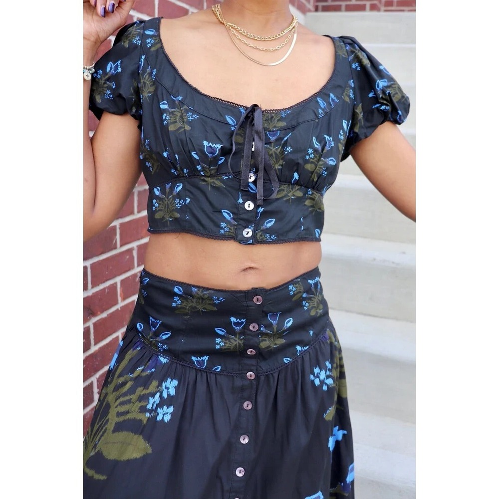 Free People NWT Easy to Love Black and Blue Floral Crop Corset Blouse Top M $148